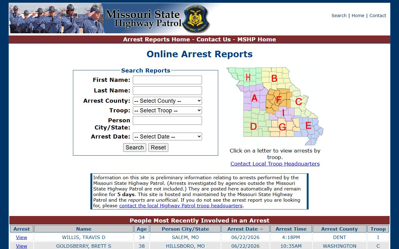 Montgomery County criminal court records MSHP arrest reports search